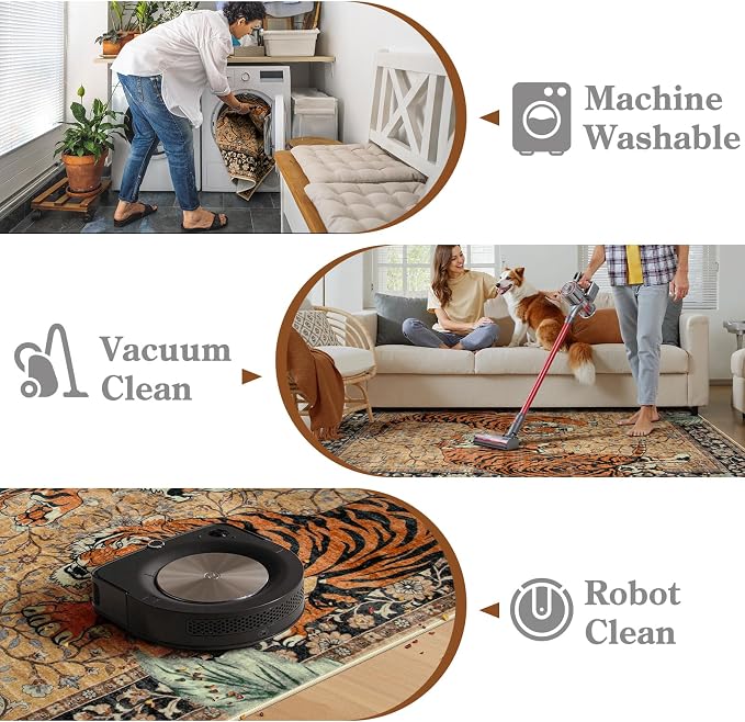 Moynesa Tiger 8x10 Area Rug, Washable Boho Rugs for Living Room, Vintage Large Soft Dining Room Rug, Non Slip Ultra Thin Stain Resistant Floor Carpet for Home Office Bedroom, Camel