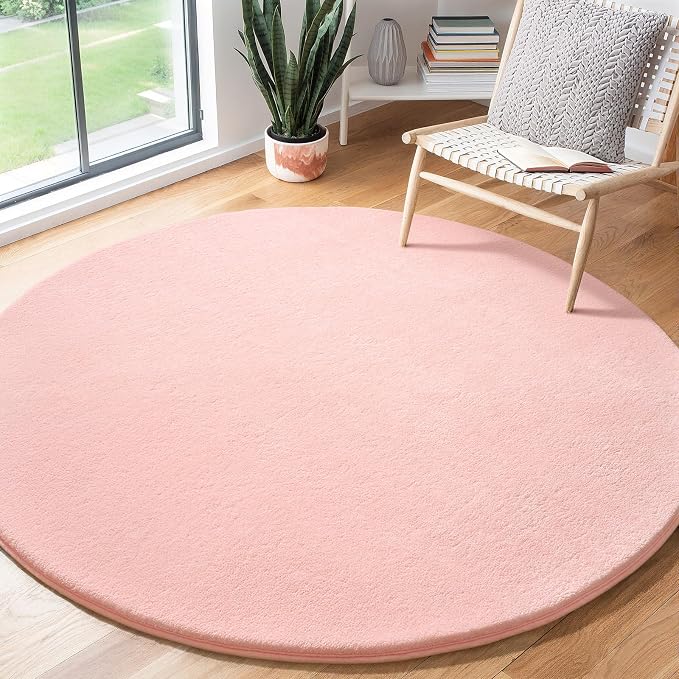 Amearea Pink Round Area Rug 5ft Washable Circle Rug for Bedroom Living Room | Fluffy Indoor Thickened Memory Foam Rugs, Non Slip Minimalist Circular Carpet for Kids Boys Girls Dorm Nursery Room Decor