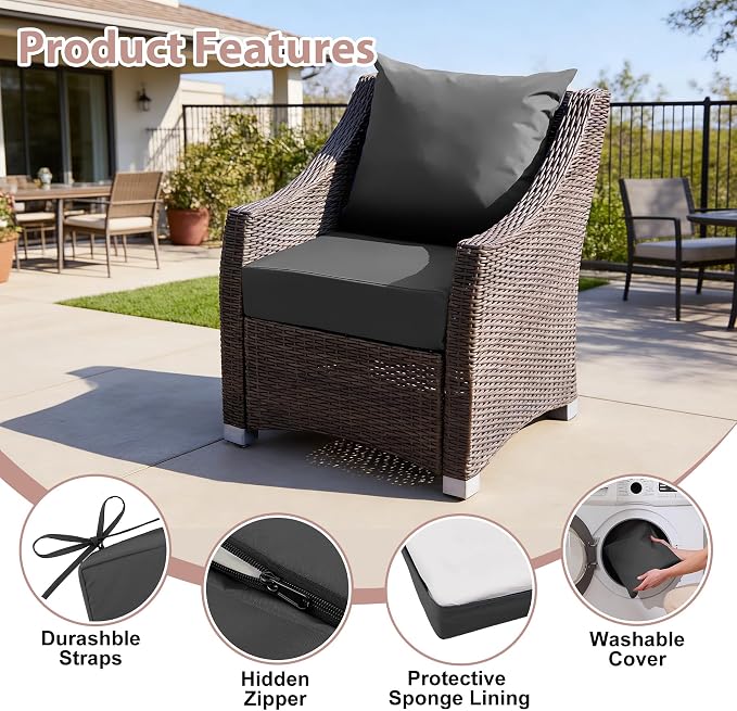 Outdoor Deep Seat Cushion Set, 24x24 Inch Water-Resistant & Fade-Resistant Outdoor Chair Cushions, Patio Furniture Cushions with Removable Cover for Patio Chair, Sofa, Dark Grey (Set of 4)