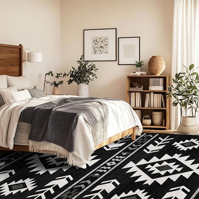 8x10 Area Rug for Living Room Western Rug Southwestern Aztec Tribal Rugs Southwest Navajo Machine Washable Non-Slip Printed Low-Pile Floor Carpet for Bedroom Dining Room Office, Black