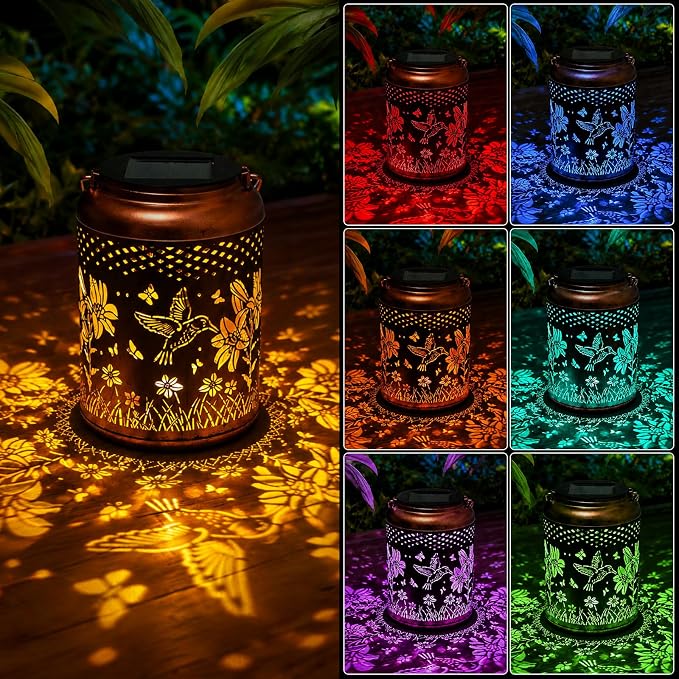 Solar Lanterns Outdoor Waterproof Hummingbird Garden Decor, Birthday Gifts for Women Mom Grandma Seniors, Metal Hanging Lanterns Decorative Colorful LED Lights for Lawn, Yard, Patio, Backyard, Porch