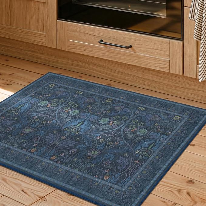Blue Small 2x3 Entryway Rugs Indoor, Oriental Floral Kitchen Mats Non Slip, Thin Bathroom Rugs Fit Under Door, Low Pile & Soft Carpet for Mudroom, Bedroom Beside Bed
