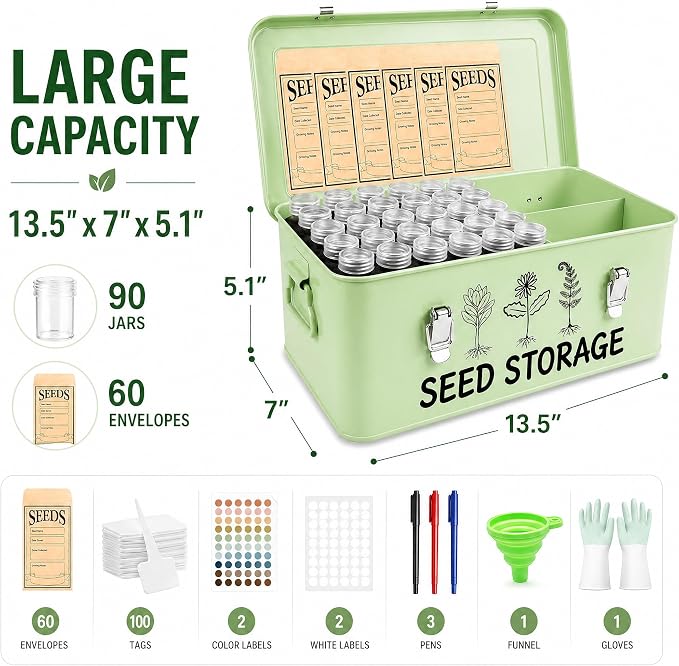 FOCHIER F Garden Seed Storage Organizer Box, Wooden with Removable Dividers, Metal Handle and Latch, Seed Keeper for Packets,Metal Vault Bank Saving Containers Box (Seeds not Included)