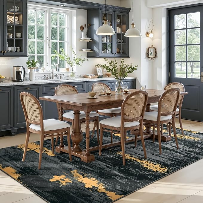 Toneed Washable 5x7 Area Rug with Non-Slip Backing for Living Room | Abstract Modern Rugs, Soft Low Pile Carpet for Bedroom Kitchen Dining Room Nursery Indoor Floor Office Home Decor, Black Gold