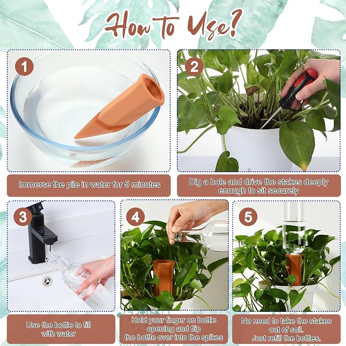 SiliFine 6 Sets Plant Watering Devices Include Terracotta Self Watering Spikes and 26 oz Plastic Bottles, Slow Release Vacation Insert Automatic Plant Waterer Device (Green Clear Brown and Terracotta)