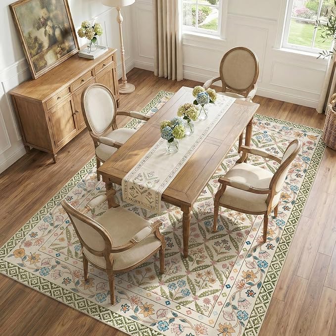 jinchan 6x9 Vintage Floral Washable Large Living Room Area Rug, Sage Green | Soft & Lightweight, Checkered Floral, Low Pile, Non Slip, Bedroom, Dining Room, Girls Room, Home Office, Cottage Decor