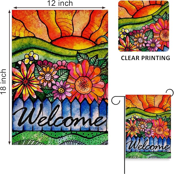 Home Decorative Welcome Spring Watercolor Flowers Garden Flag, Summer Sunshine House Yard Abstract Floral Outside Decorations, Sunrise Farmhouse Seasonal Outdoor Small Decor Double Sided 12x18