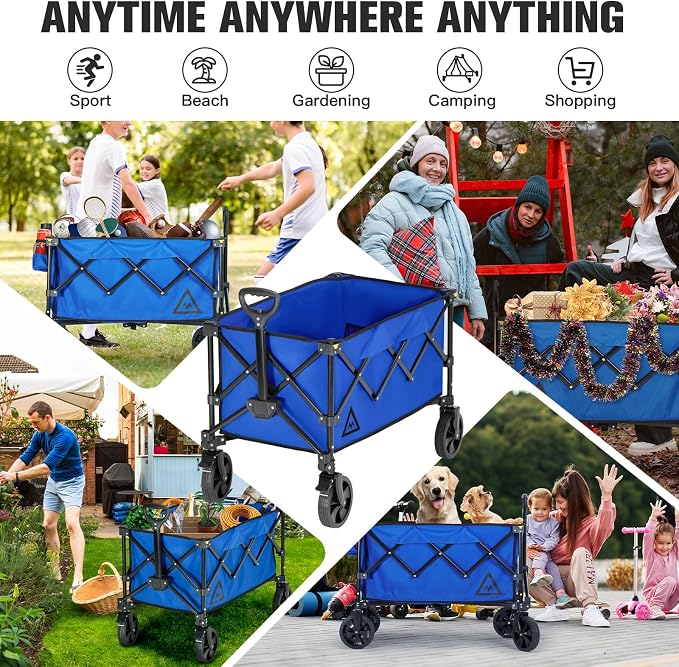 Wagon Cart Shopping Cart Large Capacity Collapsible Wagon with Wheels On Beach Garden Outdoor Utility Carts for Grocery All Terrain Portable Wagons Carts for Groceries Sand Camping Sports Blue