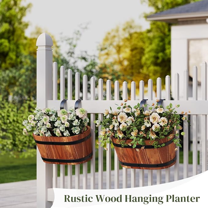 Railing Planters for Outdoor Plants Balcony Hanging Flower Pots with Detachable Hooks, Window Flower Box Hanging Bucket Pots Fence Planters for Garden Home Decor (Brown-2pack, Small)