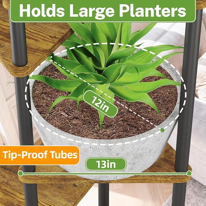 iDavosic.ly Tall Plant Stand with Grow Lights for Large & Heavy Duty Planters, 6 Tier Indoor Corner Flower Shelf with Wooden Trays & Metal Frame, Orchid Rack for Living Room Balcony, Black & Brown