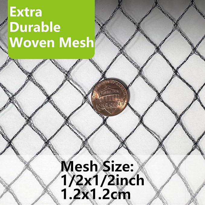 10x50ft Bird Netting, 1/2 inch Mesh, Heavy Duty Garden Netting for Fruit Trees, Blueberry Bushes, Vegetables, Extra Strong Woven Mesh Against Birds, Deer, Squirrels, Poultry and Other Animals