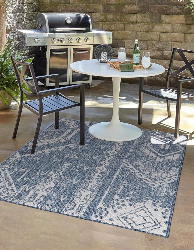 Unique Loom Outdoor Bohemian Collection Area Rug - Anthro (4' 1" x 6' 1" Rectangle, Blue/ Ivory)