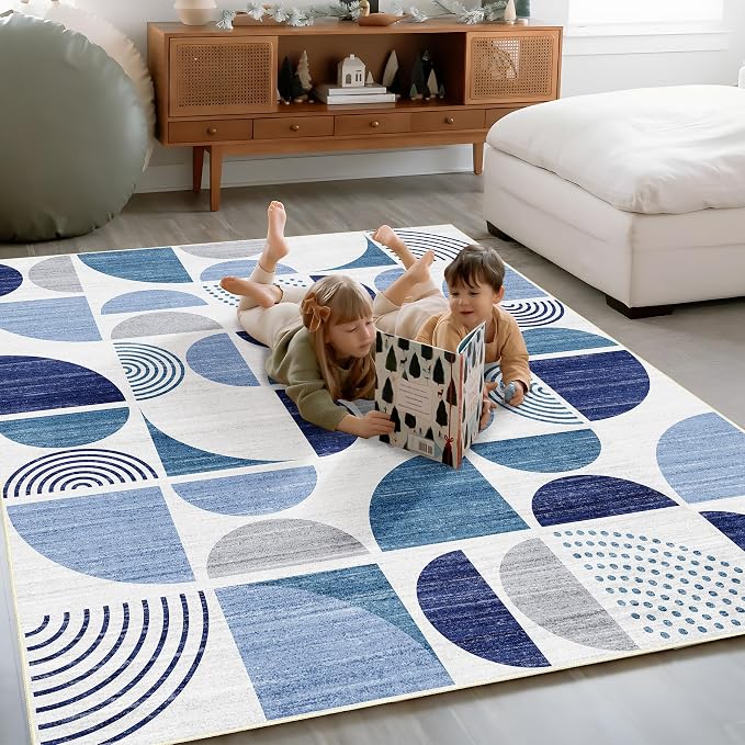 Blue Rug Boho Washable,4x6.5 Area Rugs for Bedroom Entryway Living Room Bedside,Small Throw Floor Carpet Non Slip Soft Indoor Modern Abstract Navy Blue