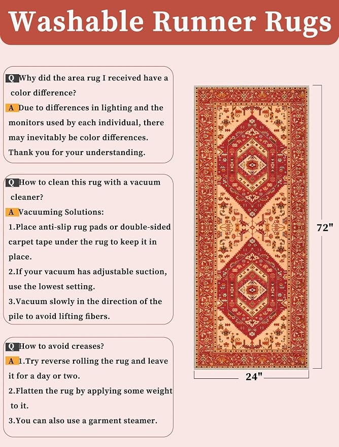 SERISSA 2x5 Washable Non Slip Boho Runner Rug for Hallway，Red | Ultra Soft Vintage Oriental Carpet Low-Pile Distressed Tribal Floor Carpet for Kitchen Bedroom Bathroom Laundry Living Room