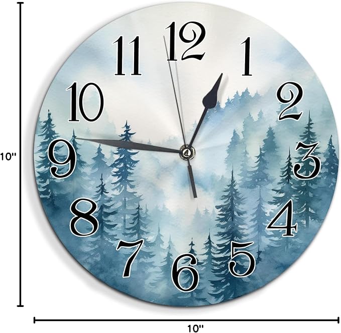 Forest Frameless Wall Clock Misty Mountain Nature Scenic with Foggy Woods and Pine Trees Light Blue White PVC Waterproof Non Ticking Bathroom Bedroom Battery Operated Wall Clock 10x10 Inch