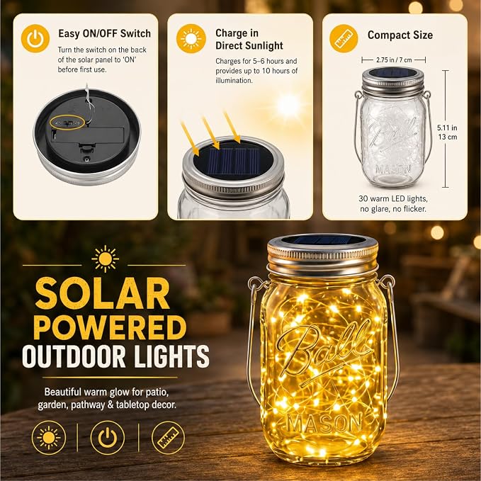 HXWEIYE 8 Pack Solar Mason Jar Lights Lanterns,Jars & Hangers Included，30LED Waterproof Hanging Outdoor Fairy Lights for Patio Garden Porch Yard Backyard Balcony Wedding(Warm White)