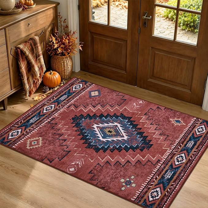 Yinhua 2x3 Area Rug Non-Slip, Western Entryway Rugs Low-Pile | Rust Aztec Washable Rug Stain Resistant, Soft Fall Front Door Rugs with Rubber Backing for Bathroom Kitchen Hallway