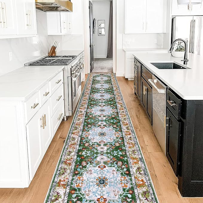 U'Artlines 2'x14' Boho Hallway Runner Rug Non Slip Washable Runners,Green | Vintage Farmhouse Kitchen Rug Accent Area Carpet for Entryway, Dining Room and Living Room