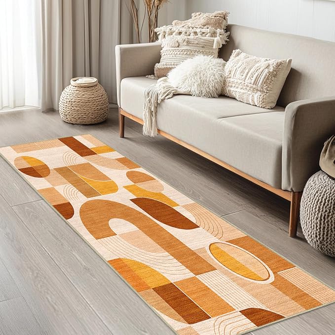 Orange Rug 2x6 Hallway Runner Rug Geometric Mid Century Modern Rugs | Washable Abstract Low Pile Non-Slip Geometric Long Carpet for Kitchen Bedroom Doorway Bathroom Laundry