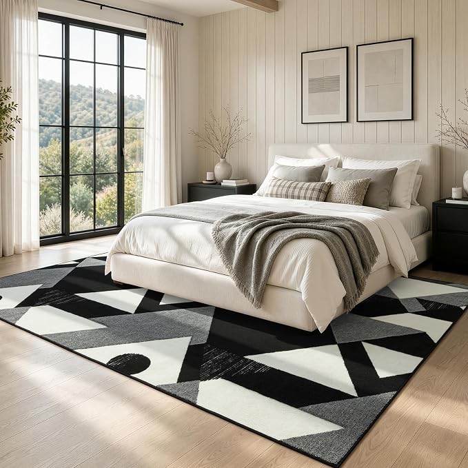 6x9 Black and White Modern Geometric Patchwork Washable Area Rug | Stain-resistant Low-pile Black and Grey Large Carpet, Non Slip Geometric Rug for Living Room Dining Room and Bedroom Floors