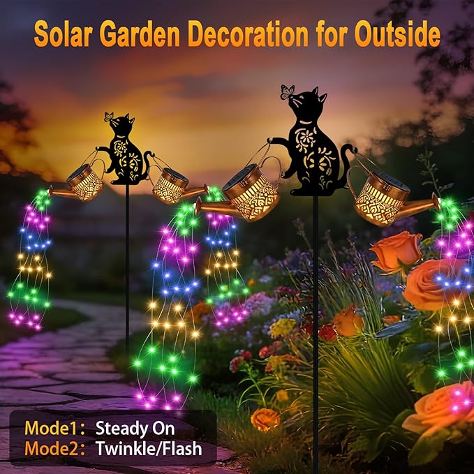 2 Pack Solar Watering Can Lights, Solar Lights Outdoor Decorative, Cat Hanging Lantern Landscape Light Waterproof, Garden Decor for Yard Lawn, Gifts for Mom Women Cat Lover (Multicolor)