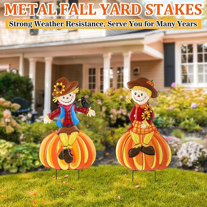 2 Pcs Fall Yard Signs Scarecrow Decorations Outdoor, 30"H Metal Thanksgiving Fall Yard Stakes Scarecrow Lawn Decor, Fall Garden Stakes for Patio Pathway Autumn Harvest Outside Decorations (Sitting)