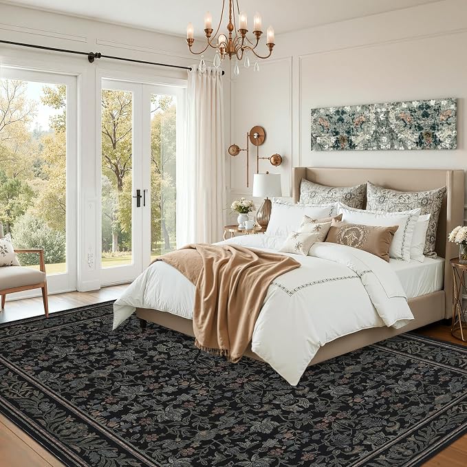 GarveeHome 9x12 Area Rugs for Living Room: Washable Bedroom Rug Black | Boho Vintage Non Slip Soft Low Pile Stain Resistant Indoor Carpet for Farmhouse Dining Room Nursery Home Office