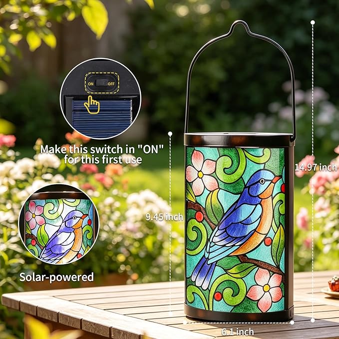 Solar Lantern Outdoor Waterproof Hanging Solar Lights Bluebird Glass Decorative Lanterns for Outdoor Patio Lawn Outside Yard Garden Decor