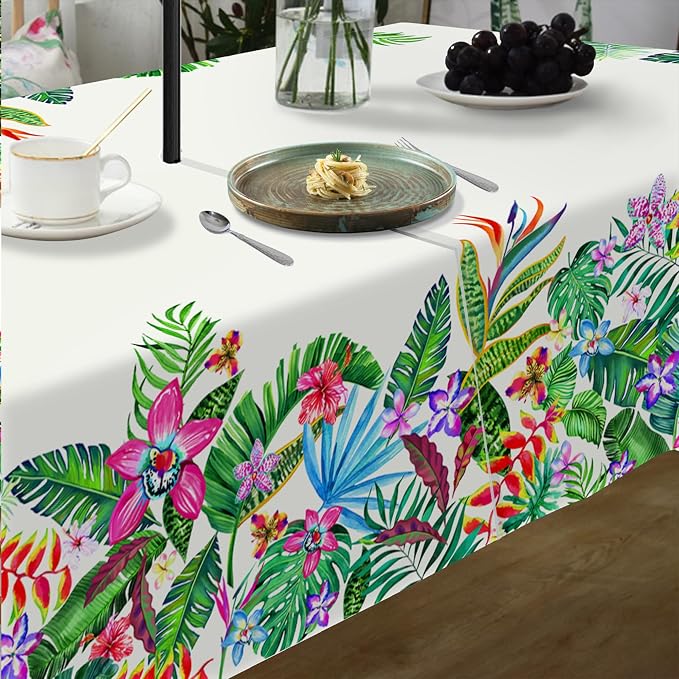 Outdoor Tablecloth with Umbrella Hole and Zipper, Rectangle Patio Table Covers for Spring/Summer, Machine Washable Outdoor Picnic Table Cloth (Tropical, 60" × 102" Rectangular)