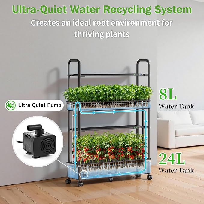 Growell 60 Pods Large Hydroponics Growing System, Vertical Indoor Garden | 2 Light Modes & 2 Timer, Smart Water Circulation, Movable with 4 Swivel Casters, 32L Large Water Tank, Space-Saving Design