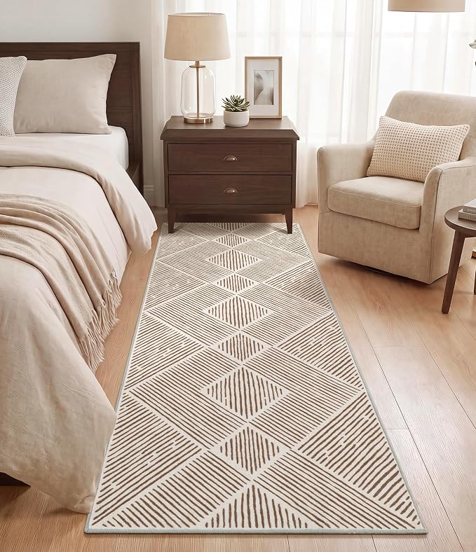 2‘x6' Washable Brown and Cream Runner Rug for Kitchen Hallway | Non-Slip, Low Pile, Stain Resistant, Farmhouse Tan Geometric Long Rug for Entryway Bedroom