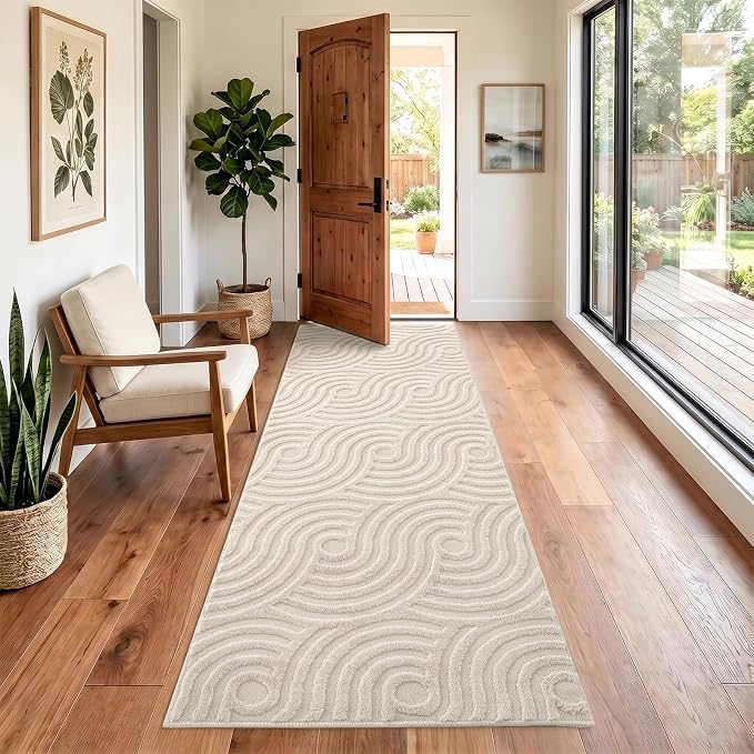 Etwel 2x6 Beige Modern Abstract Textured High-Low Pile Washable Runner Rug | Soft Carpet, Non-Slip PVC Backing, Low Profile, Kid and Pet Friendly, for Kitchen, Entryway, Hallway, Bedroom