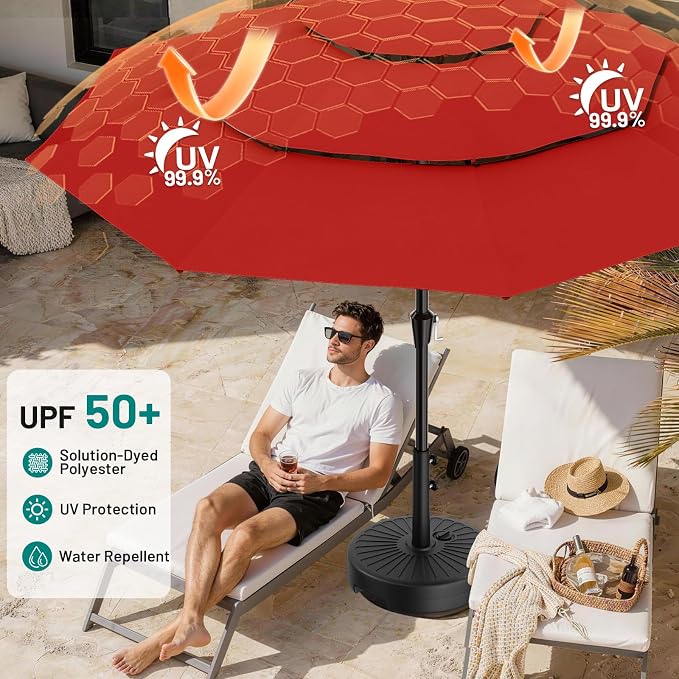 AreShark 9ft 3-Tier Patio Umbrellas, Outdoor Umbrella with 8 Sturdy Ribs UV Protection Windproof, Market Table Umbrella w/Push Button Tilt & Crank for Pool, Porch, Deck, Garden(Red)