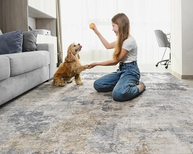 UERMEI 8x10 Area Rug Living Room Rugs - Washable Neutral Modern Abstract Soft Thin Large Rug Indoor Floor No Slip Rug Carpet for Bedroom Under Dining Table Home Office Decor - Blue Grey