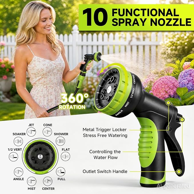 Garden Hose 50ft, Non-Expandable Heavy Duty Water Hose with 10 Function Sprayer, Flexible, Leakproof, Kink Resistant & Hybrid Hose for Yard, Outdoor, 600 PSI