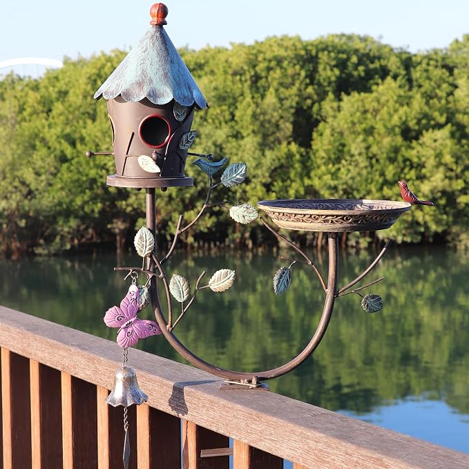 HLQMFHT Deck Bird Bath, Metal Bird Bath and Bird Houses, Decorative Deck Mounted Bird Baths, Detachable and Adjustable Sturdy Deck Bird Bath for Outdoor Porch Yard Garden Decoration