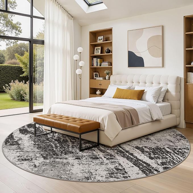 DMOYEST 6ft Round Area Rug for Living Room Washable Non Slip Circle Rug | 6x6 Neutral Modern Abstract Low Pile Rugs Kid & Pet Friendly Soft Carpet for Bedroom and Dining Room - Light Black