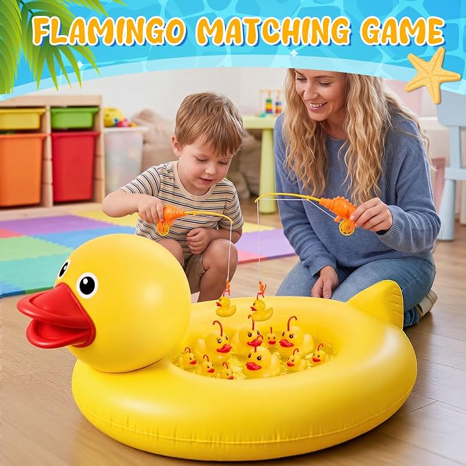 WinnerWhy Duck Pond Matching Game Set, 35.5" Inflatable Kiddie Pool with 14 Rubber Ducks, 1 Air Pump, 2 Fishing Nets & Rods, Duck Fishing/Carnival Water Game for Kids, Summer Outdoor Party