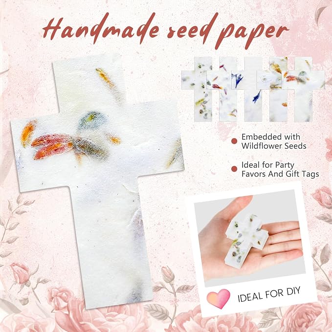 Dunzoom 50 Pcs Handmade Seed Paper Plantable Wildflower Seed Paper Recycled Flower Petals Tags Wedding Favors for Guests Craft Gifts Cards for Envelope Birthday Party, 5 Styles (Cross)