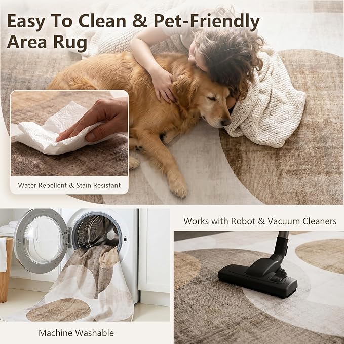Washable Area Rug 8x10, Large Soft Rugs for Living Room Brown Carpet 8x10 Area Rugs for Bedroom Dining Room Non-Slip Stain Resistant Under Table Rug