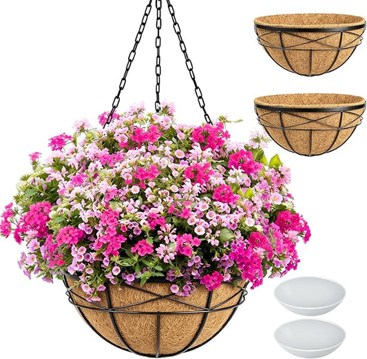 2 Pack 16 Inch Hanging Planters for Outdoor Plants Metal Wire Flower Baskets with Coco Liner & Plastic Saucer Large Deep Hanging Plant Pots for Porch Balcony Garden Décor