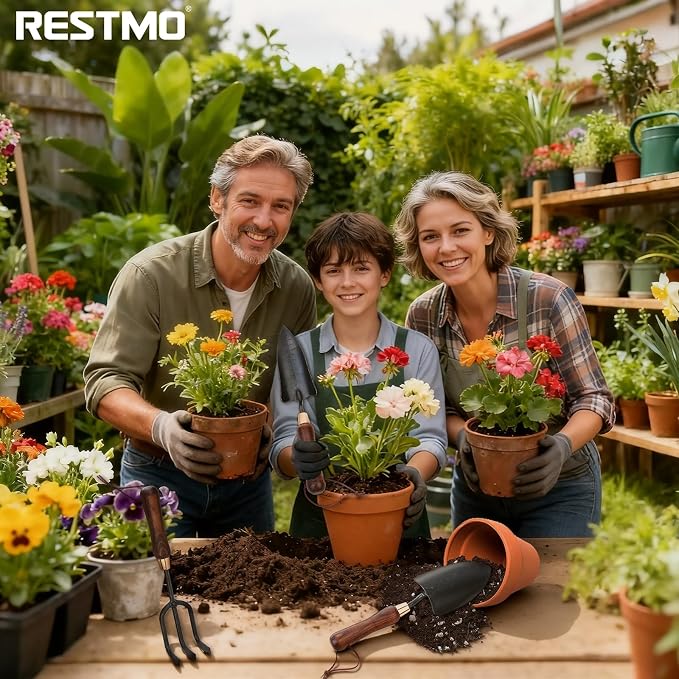 RESTMO 3-in-1 Heavy Duty Gardening Tools Kit, Premium Carbon Steel Garden Hand Tools with Ergonomic Wooden Handle Includes Trowel, Transplanter, and Cultivator, Ideal Gardening Gifts for Gardener