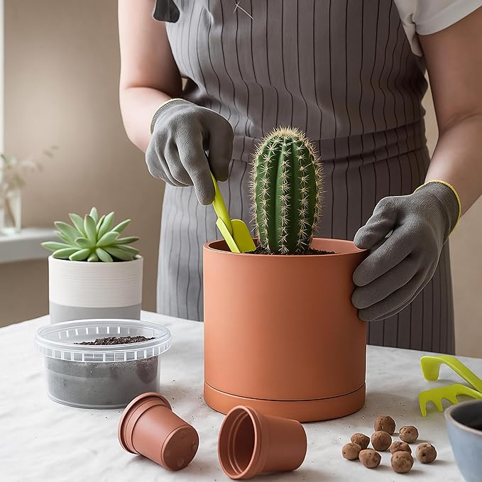 D'vine Dev Terracotta Pots for Plants, 6.5 Inch 8.3 Inch 9.5 Inch, Round Cylinder Planter Pot with Drainage and Saucer, 40-T-C-0