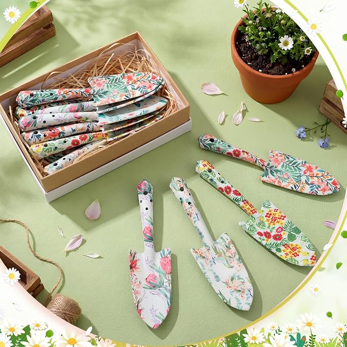 12 Pcs Floral Garden Shovels Bulk Gardening Gift for Women Heavy Duty Metal Garden Tools Floral Hand Shovel Planting for Summer Employees Birthday Thank You Gifts (Tropical Plants)