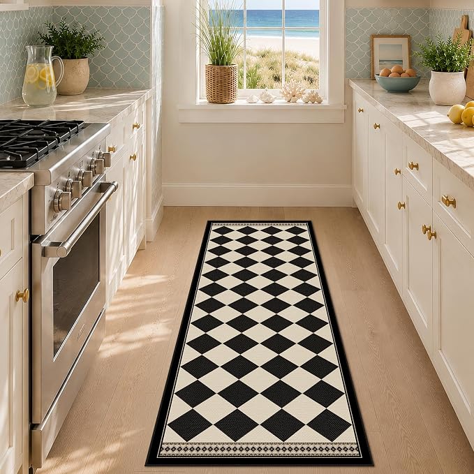 Easy Jute Washable Checkered Runner Rug, Non Slip Entryway Checkerboard Rug Runners 2x6, Black and Brown Boho Diamond Carpet for Kitchen Laundry Hallway, Stain Resistant Indoor Outdoor Home Décor