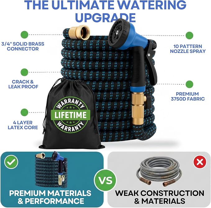 J&B XpandaHose 75ft Expandable Garden Hose with Holder - Heavy Duty Superior Strength 3750D - 4 -Layer Latex Core - Extra Strong Brass Connectors and 10 Spray Nozzle w/Storage Bag (Blue 75)