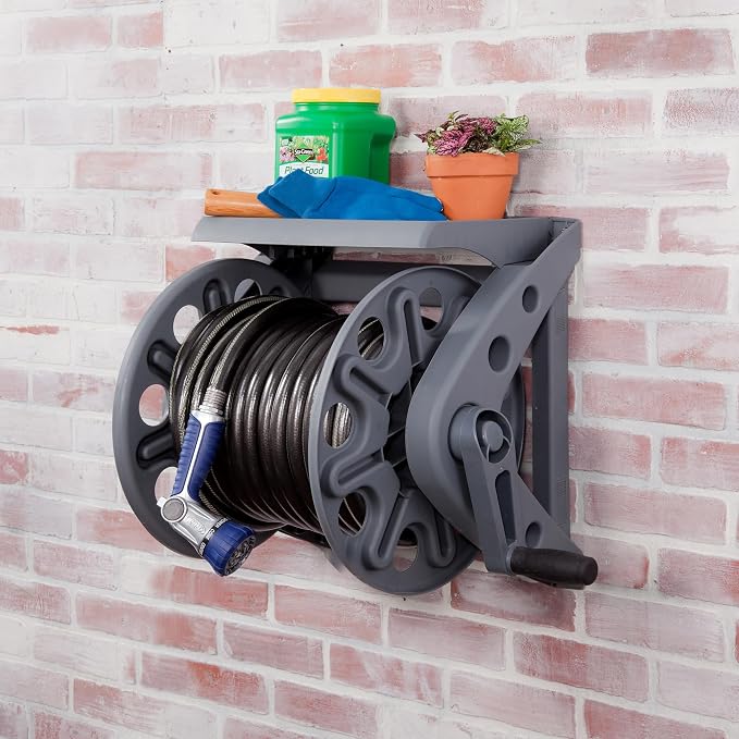 Liberty Garden Products Basics 512 Wall Mounted Hose Reel with Shelf Gray