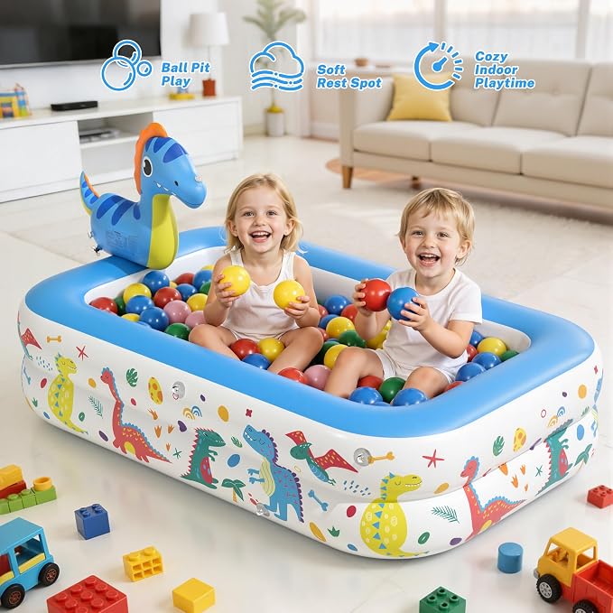 JOSEN Dinosaur Kiddie Pool with Canopy and Sprinkler, Inflatable Baby Pool with Soft Cushioned Floor, Portable Toddler Blow Up Pool Ball Pit for Backyard, Outdoor/Indoor Play Toys