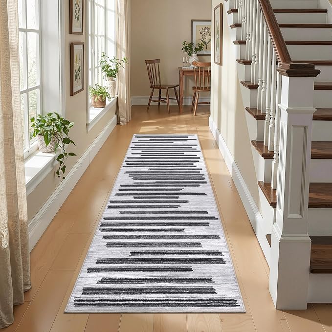 GarveeHome Black Grey 2x6 Runner Rug for Hallway Modern Striped Indoor Carpet