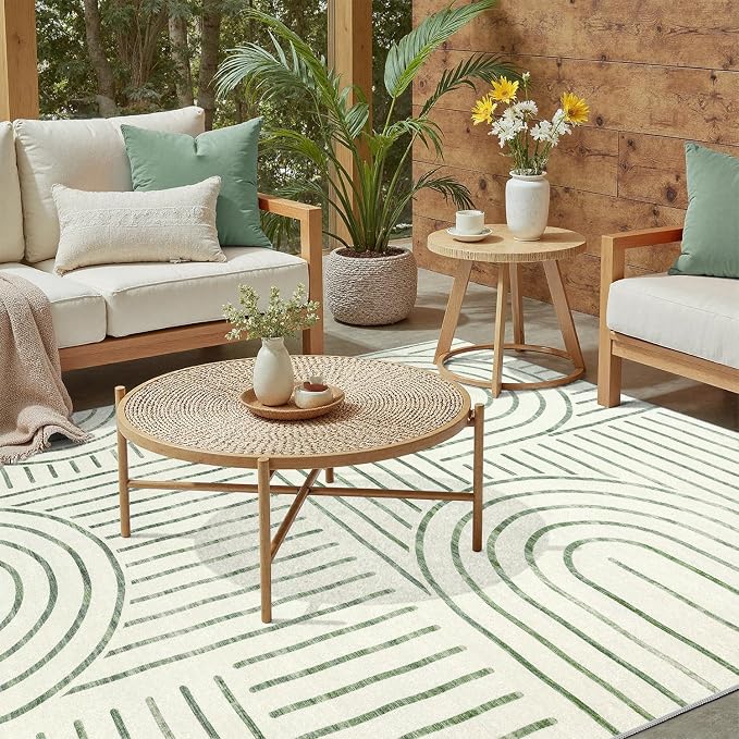 DCX Abstract Washable 5x7 Rug, Non Slip Low Pile Rug, Green | Rugs for living room, bedroom, dining room, office, soft, mid century modern rug, sain resistant indoor carpet, home decor